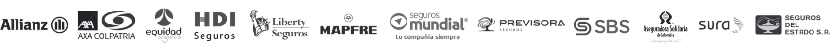 Aseguradoras aliadas: Allianz, AXA Colpatria, Equidad Seguros, HDI Seguros, Liberty Seguros, Mapfre, Seguros Mundial, Previsora, SBS, Aseguradora Solidaria, Sura y Seguros del Estado